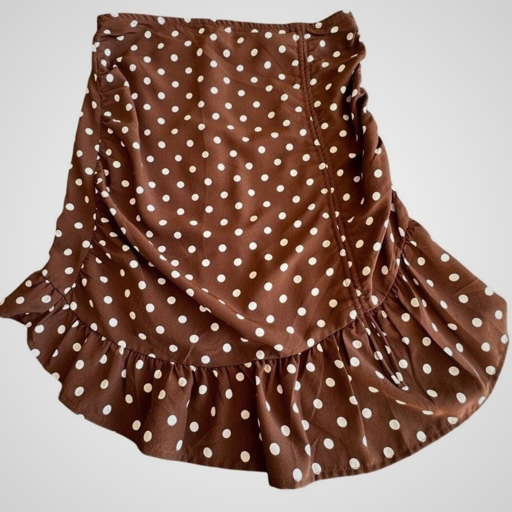 Mi Ami Brown White Polka Dot Ruffle Mini Skirt High Low Side Ruched S